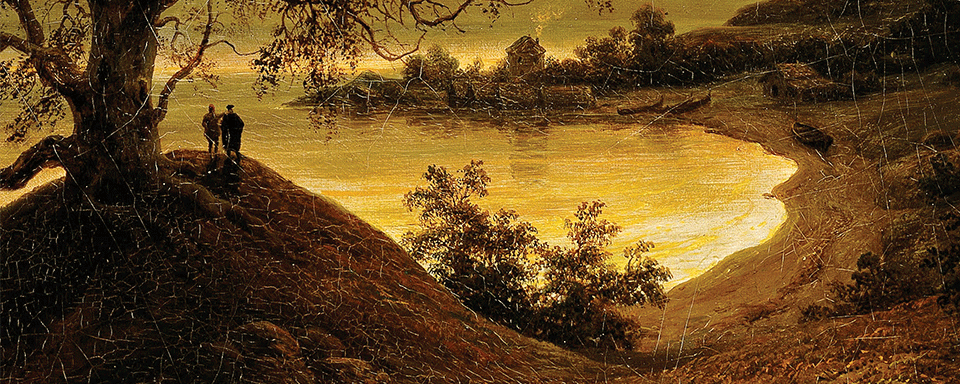 Painting of two figures overlooking a body of water