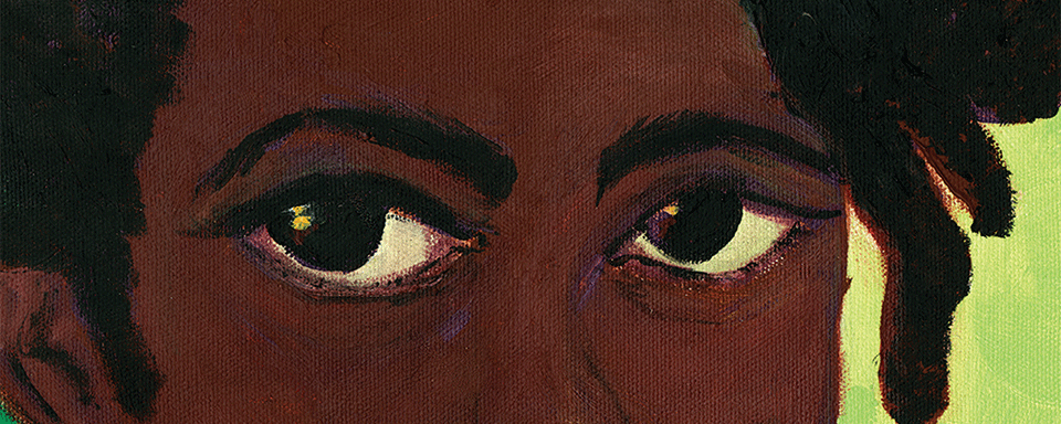 Close-up of a Black woman's eyes and hair from a painting 
